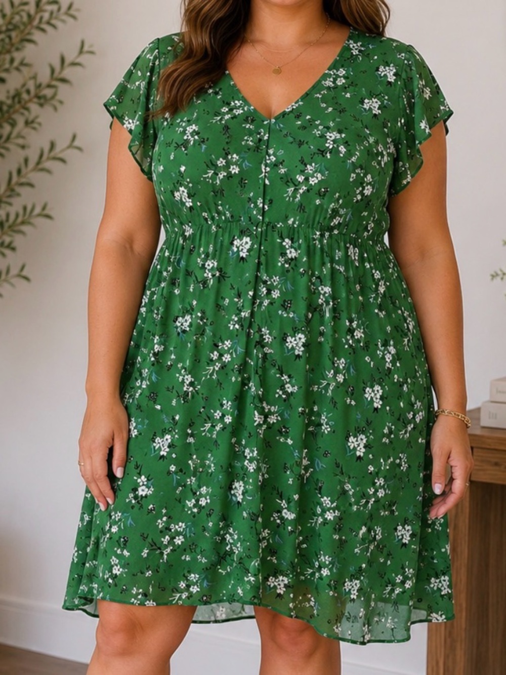 Green Floral V-Neck Midi Dress